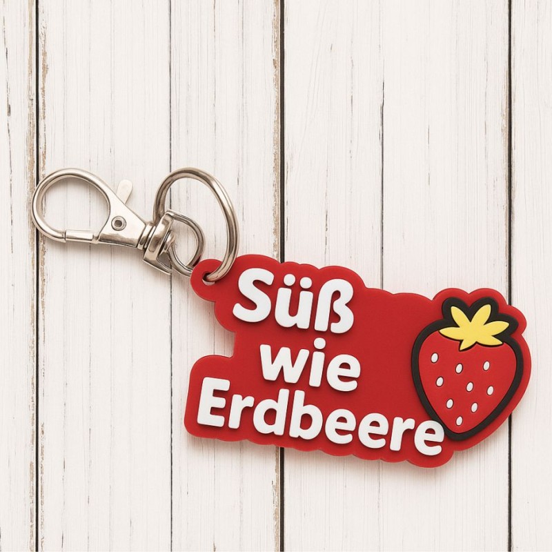 Roter Schlüsselanhänger mit Erdbeere und Aufschrift Süß wie Erdbeere