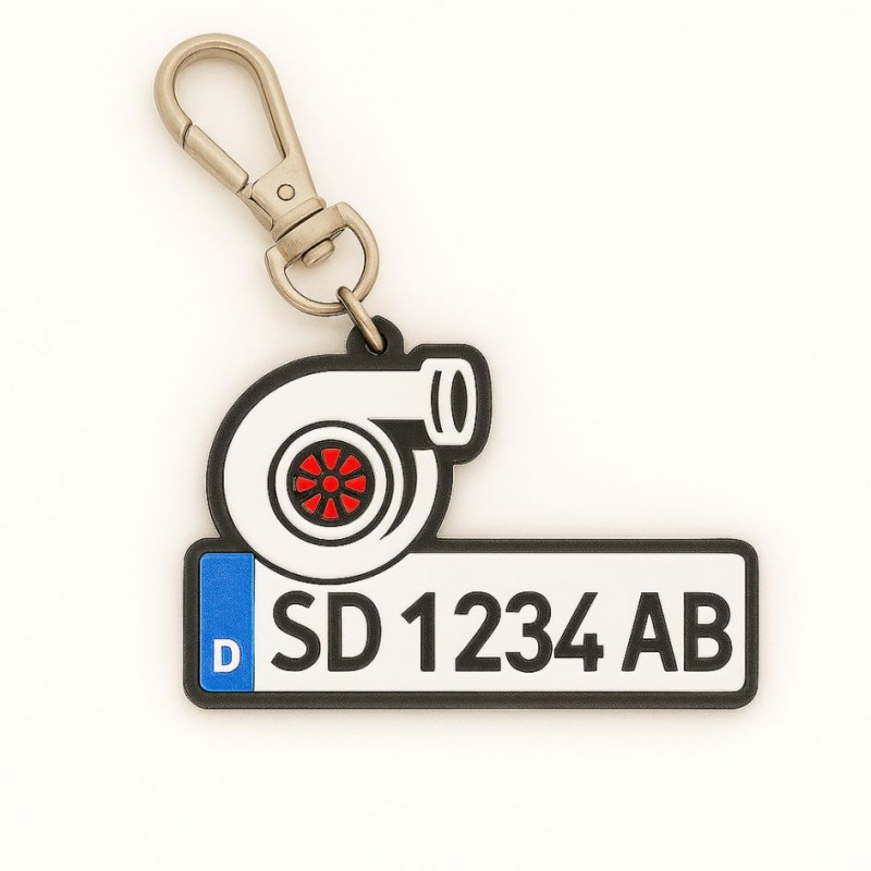3D Auto Schlüsselanhänger mit Wunschkennzeichen und Turbolader für Autofans