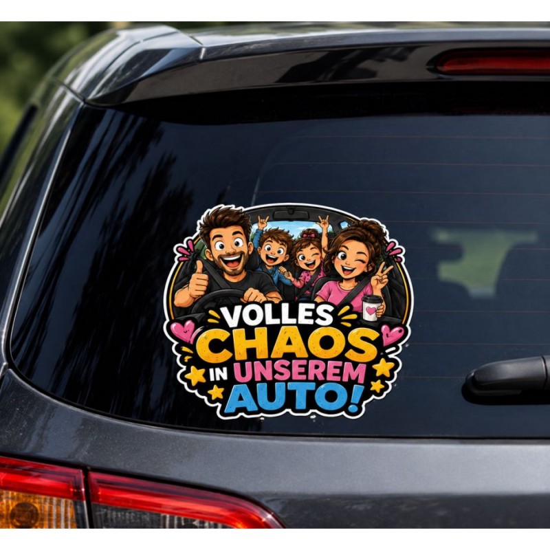 Witziger Autoaufkleber mit der Aufschrift „Volles Chaos in unserem Auto“
